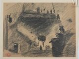 a drawing of a man and a woman standing in front of a castle