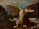 a painting of dogs playing with each other in a field