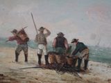 painting of a group of men on a beach with a boat in the background