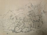 drawing of a group of animals in a rocky area with a mountain in the background