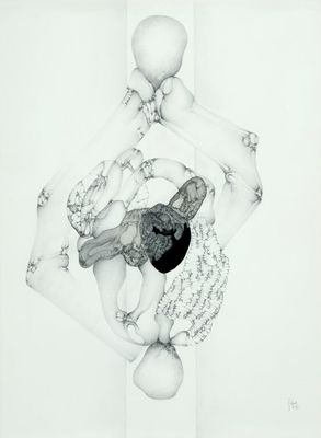 pencil drawing of a person holding a teddy bear in their hands
