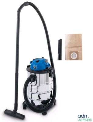 un aspirateur bleu avec un sac marron à côté