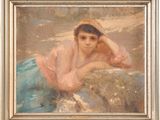 an image of a painting of a woman laying on a rock