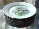a stack of plates with fish on them on a glass table