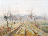 an image of a painting of a field with trees in the background