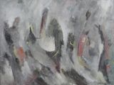 une peinture à l'huile représentant un tableau montrant un groupe de personnes sur une plage