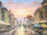 un tableau représentant des gens marchant dans la rue avec des parapluies