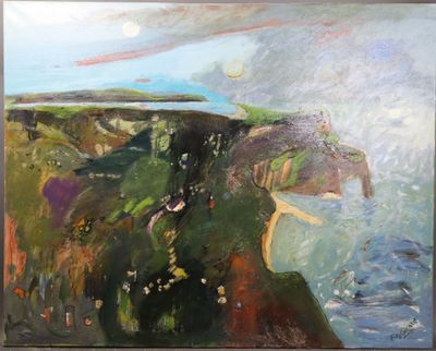 une peinture à l'huile représentant une falaise surplombant un plan d'eau