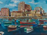 painting of boats in a harbor with a castle in the background