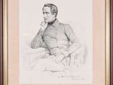 a drawing of a man sitting in a chair with his hand on his chin