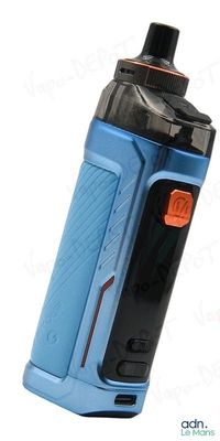 une image représentant une cigarette électronique bleue, avec le haut et le bas noirs