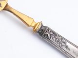 a silver spoon with a gold handle on a white surface