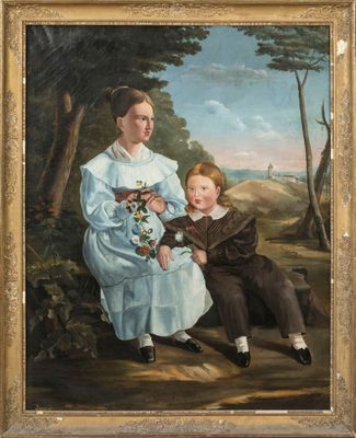 une peinture à l'huile représentant une femme et un enfant assis sur un banc
