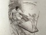 a drawing of a man and a child in a boat