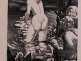 drawing of a nude woman standing in a body of water next to a man