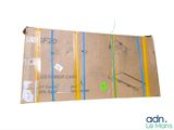 a cardboard box that has been wrapped up with blue tape