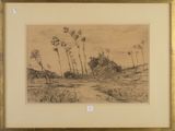 dessin d'un paysage avec des arbres et une rivière au premier plan