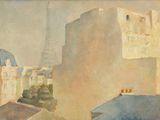 un tableau représentant une vue de la tour Eiffel depuis une fenêtre