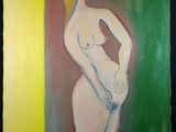 une image représentant un tableau où l'on voit une femme debout devant un mur vert et jaune