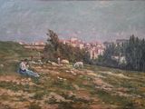 painting of a painting of a woman sitting on a hill with a village in the background