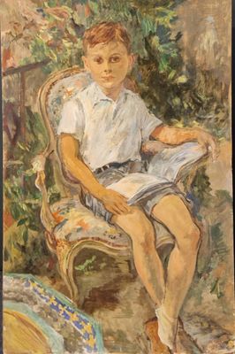 tableau représentant un jeune garçon assis sur une chaise en train de lire un livre