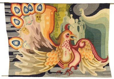 a tapestry with a bird on it hanging on a wall