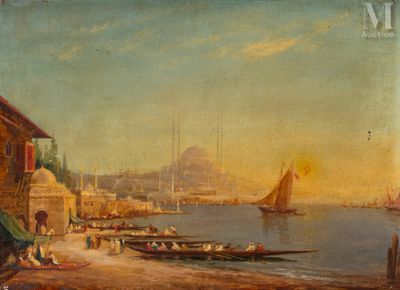 peinture d'une vue d'un port avec des bateaux dans l'eau