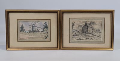deux dessins encadrés représentant une cabane et une cabane dans les bois