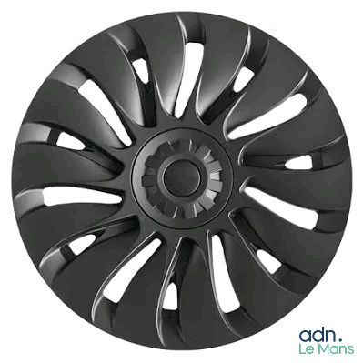 a close up of a black wheel cover on a white background
