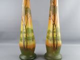 pair of hand painted glass vases with trees on them