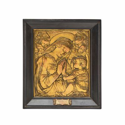 VIERGE À L'ENFANT Plaque en relief en alliage cuivreux doré,…