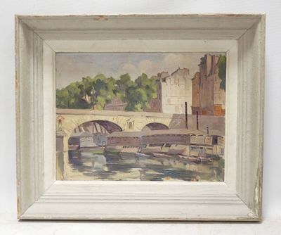 a picture of a painting of a bridge over a body of water