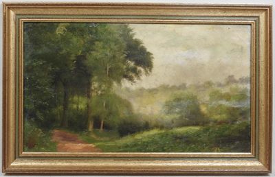 un tableau représentant un paysage boisé avec un sentier au premier plan