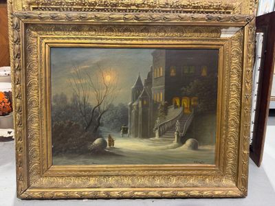 une photo d'un tableau représentant une maison sous la neige