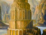une peinture représentant une tour de Babe au milieu d'un lac