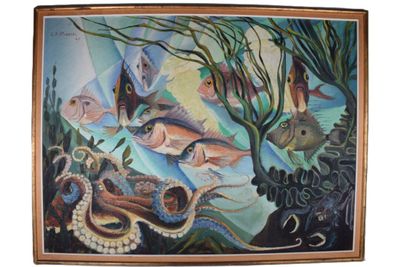 une peinture représentant un groupe de poissons nageant dans l'océan