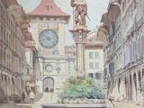 a painting of a street scene with a clock tower in the background