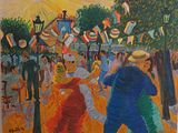 un tableau représentant un homme et une femme en train de danser dans un parc