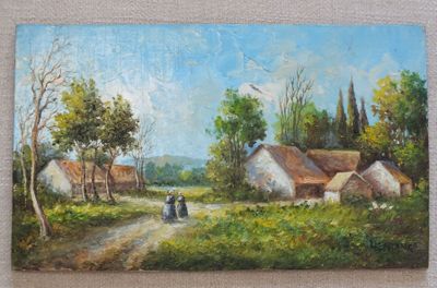 tableau représentant une femme marchant sur un chemin de terre à la lisière d'un village