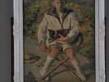a painting of a man holding a cat on a easel