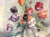 a painting of flowers in a vase on a table