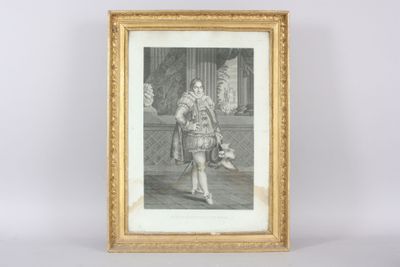 a framed picture of a man in a dress and a dog