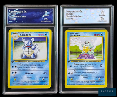 Deux cartes Pokémon sont exposées dans une vitrine en plastique