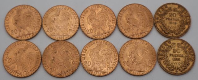 Dix pièces de monnaie en or à valeur faciale de vingt francs (dif...