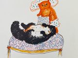 a drawing of a cat laying on a pillow with a teddy bear on it