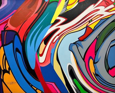 brightly colored abstract painting on a wall in an art gallery