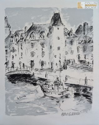 dessin représentant un bateau sur une rivière devant un bâtiment