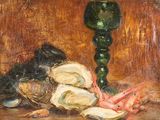 tableau représentant une nature morte avec des huîtres et un verre à vin