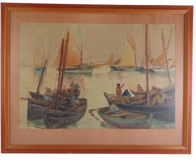 a painting of a group of boats in the water