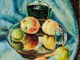 tableau représentant une nature morte avec des pommes et une bouteille posées sur une table